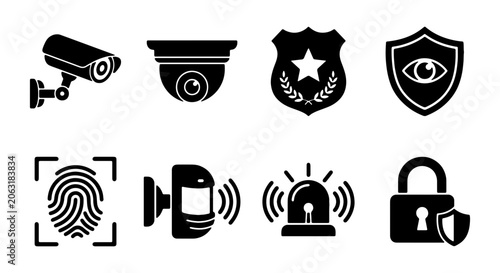 Security system vector icons, surveillance camera and police badge, fingerprint scanner, motion sensor, alarm, and padlock symbols, black and white graphic elements for safety and protection