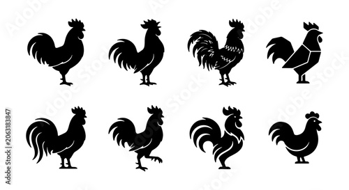 Rooster silhouette vector set, eight distinct black rooster icons, farm animal graphics for branding and design projects, traditional poultry illustrations