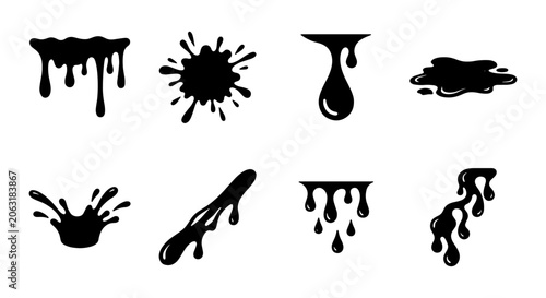 Black ink blot and drip vector set, abstract liquid paint splatters, grunge graphic elements for artistic design, messy fluid shapes for creative projects