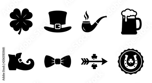 St. Patrick's Day vector icon set, traditional Irish holiday symbols, black silhouette graphics for festive designs, celebration elements for digital and print media