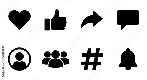 Social media engagement icons set, modern black vector UI elements for digital platforms, user interface design, and web applications, like, share, comment, and notification symbols