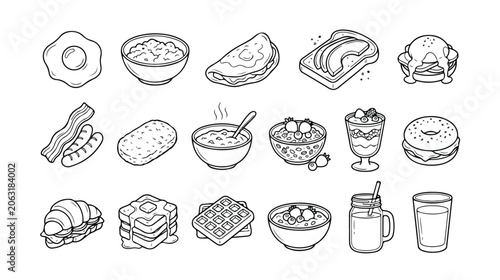 Obraz na płótnie Breakfast food line art vector icon set, hand-drawn morning meal elements, brunc