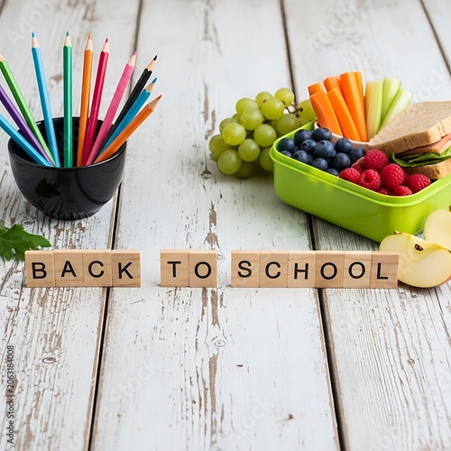 Healthy lunch and school supplies on a white wooden table
