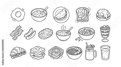 Canvastavla Breakfast food vector icon set, hand-drawn morning meal illustrations, healthy and indulgent breakfast dishes, outline art for menus and digital designs, 20 editable line icons