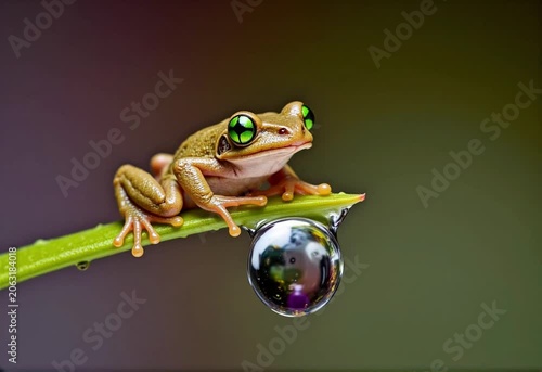 Close-up Frog on Leaf with Dewdrop in Rainforest Nature Scene