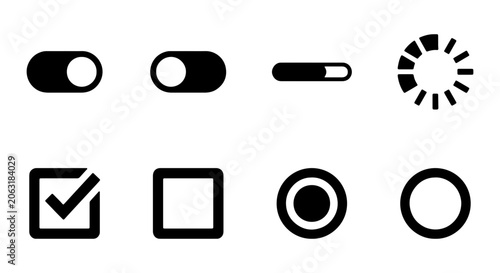 Modern UI toggle switch and checkbox vector icons, essential user interface elements for web and app design, clean black and white graphic controls for digital projects.