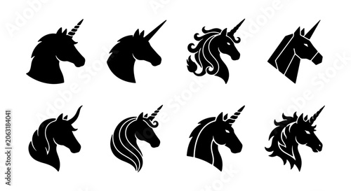 Majestic Unicorn Head Silhouettes, a collection of eight mythical creature vector icons, elegant black fantasy horse profiles with horns, ideal for branding and magical design projects.