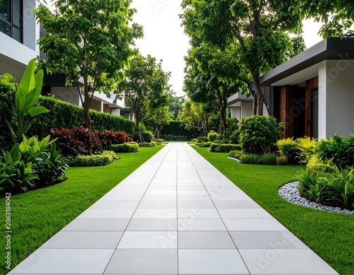 Lush pathway through a landscaped community