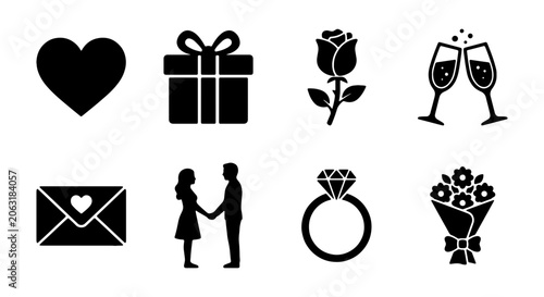 Romantic black silhouette vector icons for love and wedding themes. Elegant graphic set with heart, gift, rose, champagne, couple, ring, and bouquet symbols