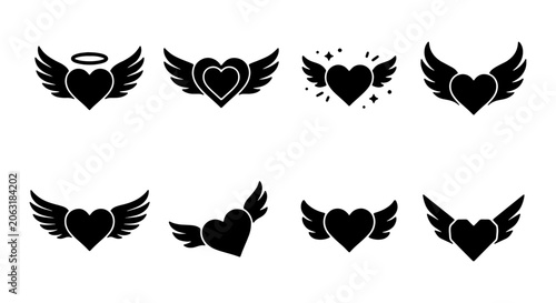 Black heart with wings vector icon set, romantic love symbol collection, angelic heart graphic elements, Valentine's Day design assets, passion and affection emblems