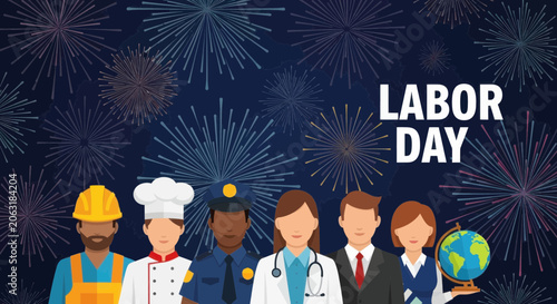 Labor day illustration with diverse workforce and fireworks