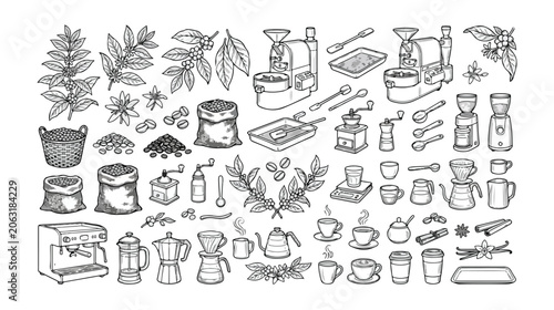 Schilderij op canvas Coffee production and brewing process vector icon set, hand-drawn black and whit