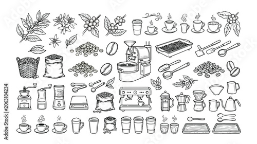 Foto Coffee production and preparation vector icon set, hand-drawn black and white il