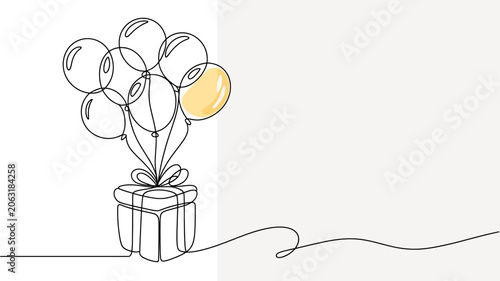 Single continuous line of a gift box tied with a ribbon and a bunch of balloons one of which is yellow on a white