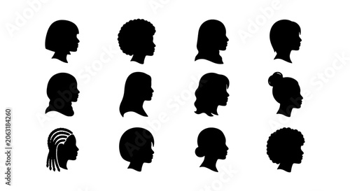 Diverse children's head silhouettes, a vector collection of twelve distinct kid profiles. Black graphic avatars for multicultural representation, perfect for educational materials and identity