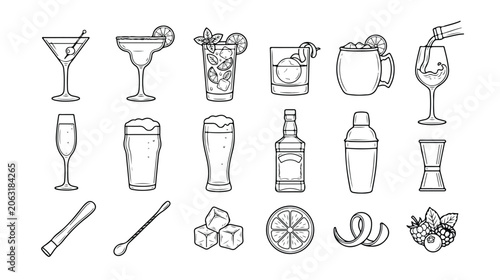 Canvastavla Cocktail bar drinks and mixology tools, a comprehensive vector icon set for beve