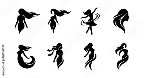 Elegant female silhouette vector set, 8 black women figures with flowing hair and graceful poses, beauty and fashion icon collection for branding and design projects