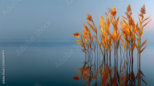 Dragon Boat Festival Waterside Reed Minimal Seascape Poster, Withered Vertical Stalk Pale Water Thin Reflection, Cool Abstract Line Frame, Visual Material For Tourism Outdoor Screen