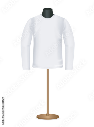 White Long-Sleeve T-Shirt on Mannequin Torso. Fashion Mockup. Vector realistic Template for print, branding. Classic Unisex clothing design. Front view. EPS10.