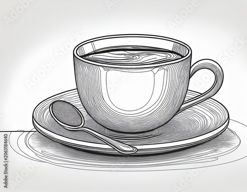 continuous line drawing of cup of coffee with spoon and saucer image with white background