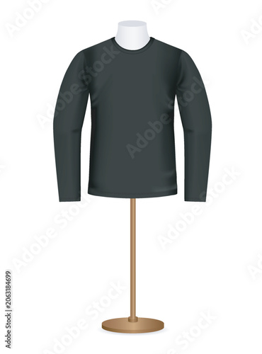 Black Long-Sleeve T-Shirt on Mannequin Torso. Fashion Mockup. Vector realistic Template for print, branding. Classic Unisex clothing design. Front view. EPS10.