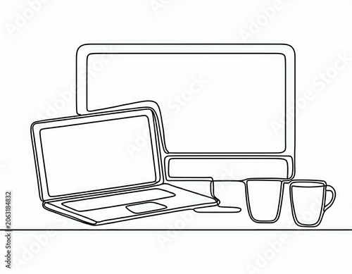 continuous line drawing work desktop computer laptop mug image with white background