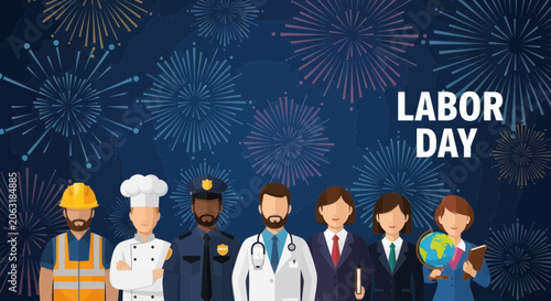 Labor day celebration with diverse professionals and fireworks background