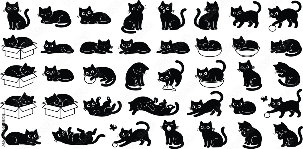 Obraz premium Collection of Black Silhouette Cartoon Cats in Various Poses kitten feline