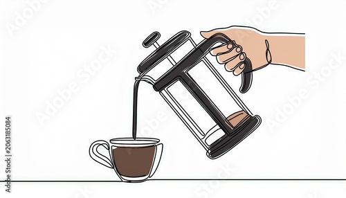 continuous line drawing of hand holding french press pouring coffee in cup image with white background