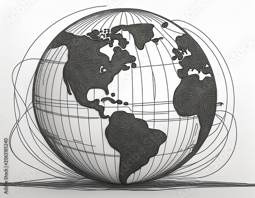 continuous line drawing globe image with white background
