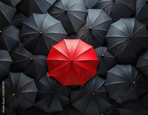 lots of black umbrellas with one red umbrella in the middle created with generative ai