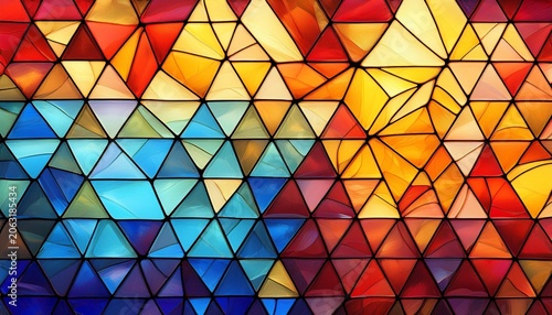 lead glass window shiny background with yellow orange red and blue triangles created with generative ai