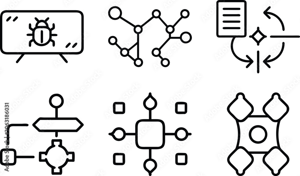 Fototapeta premium Bug icon on screen and data flow analysis and target achieve and process and diagram.