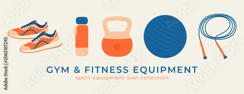 Gym and fitness equipment illustration showing running shoes, water bottle, kettlebell, jump rope and fitness ball.  Flat vector design isolated on light background.