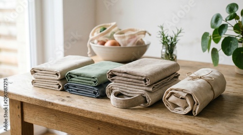 Folded and Rolled Eco Friendly Cotton Grocery Bags on Wooden Kitchen Table