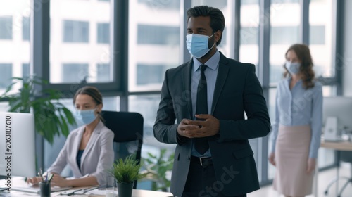 Office employees following hygiene protocols, clean workplace readiness concept