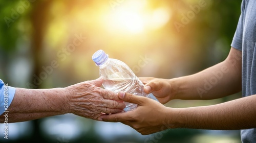 Volunteer handing a cold bottle of water to an elderly person during hot weather