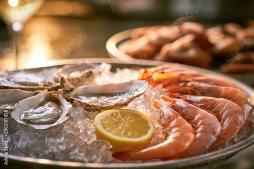 Close-up of fresh oysters and shrimp on a seafood tower, crushed ice sparkling under soft light