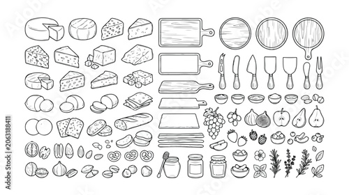 Cuadro en lienzo Gourmet cheese board vector set, artisanal dairy products, cutting boards, knives, and fresh fruit, a comprehensive collection of food elements for menus and culinary designs