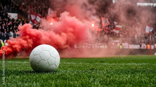 Soccer ball on green field with red smoke at stadium during a match