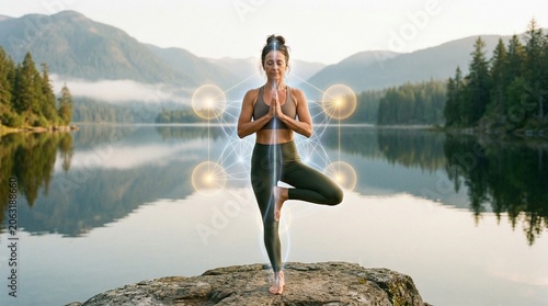 Woman performing yoga tree pose by a lake with glowing sacred geometry overlays.