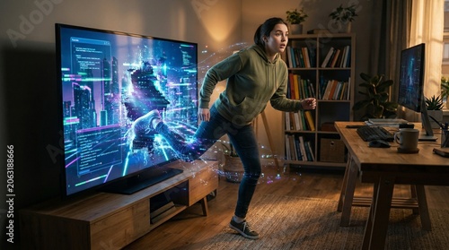 Woman running out of a glowing digital tv screen into a cozy living room space.
