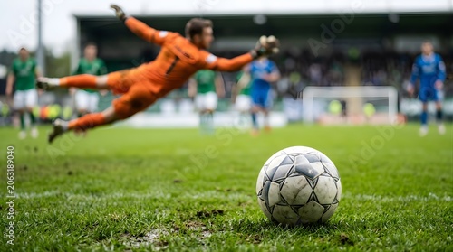 Soccer goalkeeper diving to block a ball on the grass at a stadium