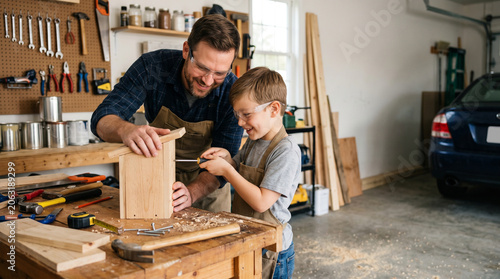 Father and son building DIY project in garage, teamwork and learning concept, Father's Day
