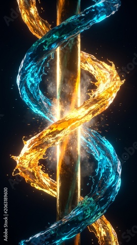 Glowing cyan and gold liquids spiraling to forge an indestructible golden pillar, symbolizing corporate synergy and powerful mergers.