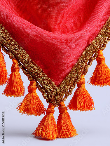 Dragon Boat Festival Triangle Flag Tip Minimal Poster, Vermilion Fabric Gold Tassel Soft Curve On White, Partial Folk Still Life, Material For Race Outdoor Fashion Apparel
