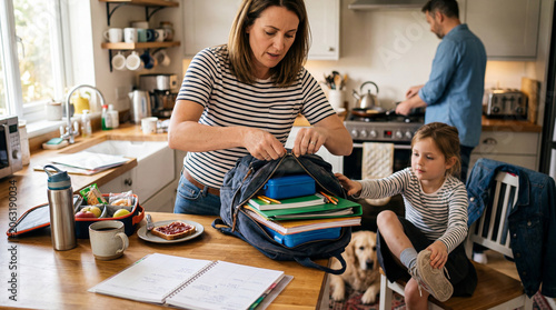 Busy family preparing for school during morning rush as mother packs backpack and father makes breakfast while their daughter puts on her sneakers
