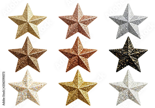 Collection of Nine Luxury Glitter Star Shapes Isolated on Transparent Background
