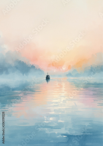 Tableau sur toile Serene boat on calm water at sunrise with foggy landscape