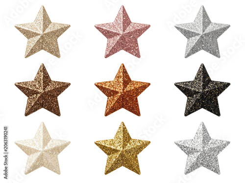 Collection of Nine Luxury Glitter Star Shapes Isolated on Transparent Background
